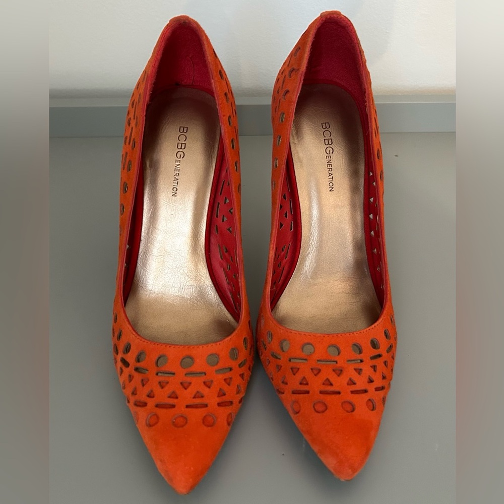 BCBGeneration Orange Suede Cutout Stiletto Heels Size 5.5